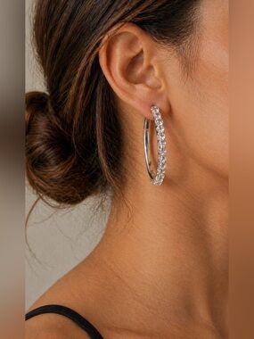 #799 Silver Tone Clear Beaded Hoop Earrings Statement Glam Sparkle 2”